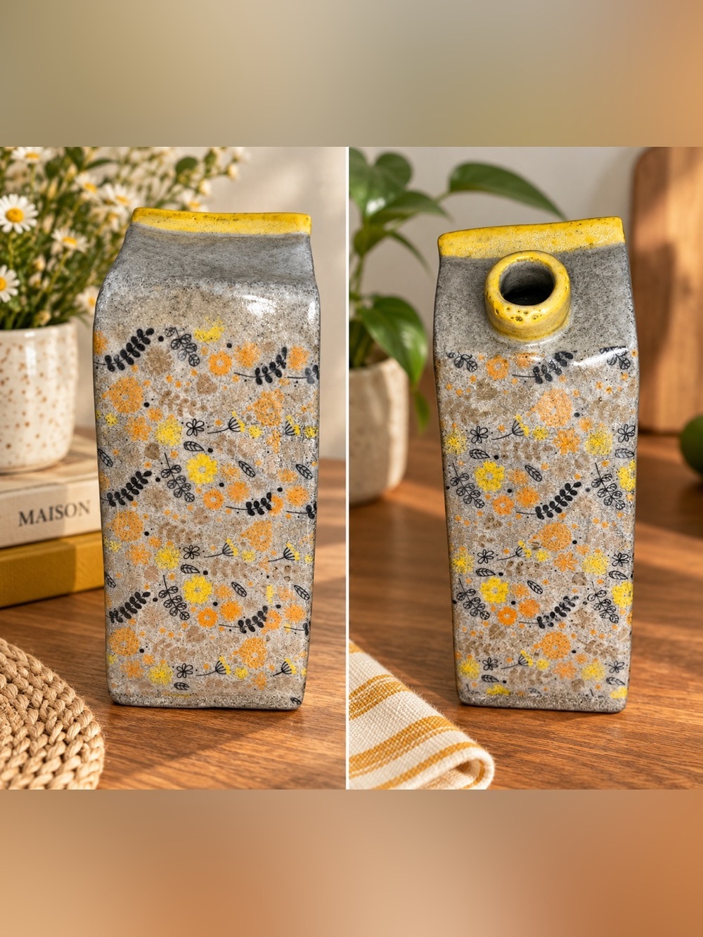 Hand-Painted Ceramic Vase Floral Grey & Yellow